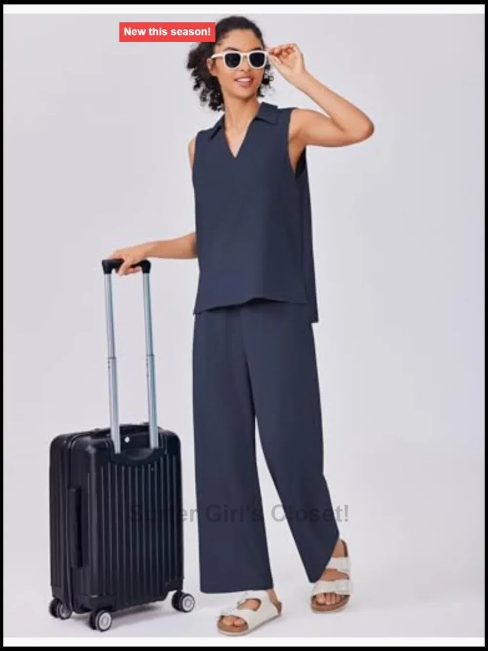 2 Piece Lounge Set Sleeveless V Neck Top Wide Leg Crop Pants Matching Sets